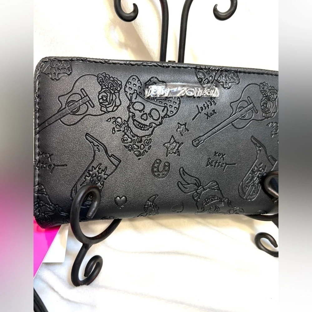 ☠️Betsey Johnson Black Cowboy Boots Skulls Guitars Embossed Wallet/Wristlet☠️NWT